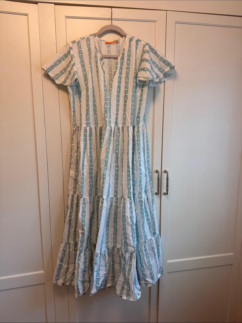 Oliphant White and Teal Printed Tiered Maxi Dress